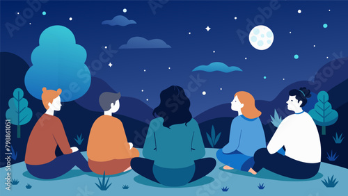 As they sat under the night sky gazing at the sea of stars above they learned about each others beliefs and perspectives on life.. Vector illustration
