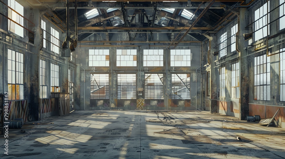 An abandoned industrial building with large windows and a high ceiling. The floor is covered in dust and debris, and the walls are bare and dirty.