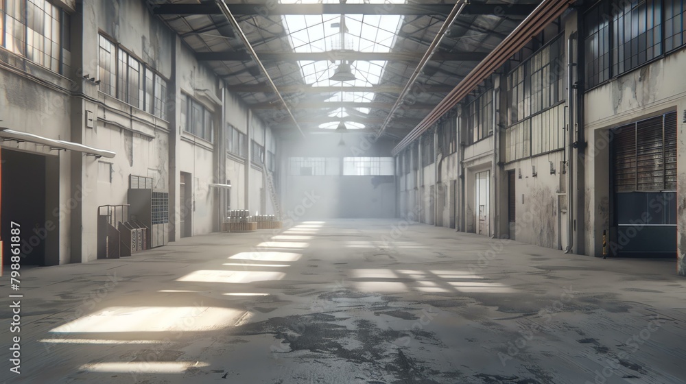 An empty warehouse with a large window in the background. The floor is made of concrete and there are some boxes and crates stacked in the corner.