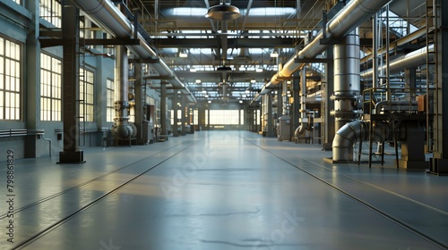 An empty factory building with large windows and concrete floors. The factory is lit by the sun coming in from the windows.