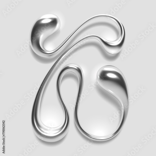 3D melted liquid metal letter K, English alphabet, with glossy reflective surface, abstract fluid droplet shape, silver chrome gradient. Isolated vector letter for modern Y2K font design