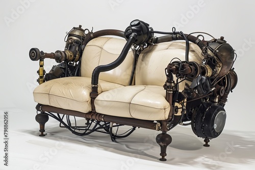 sofa made of vintage scuba diving gears, surrealism, creative furniture design