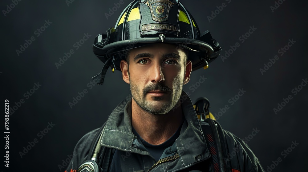 A brave firefighter wearing a protective helmet and uniform, looking at the camera with a determined expression.