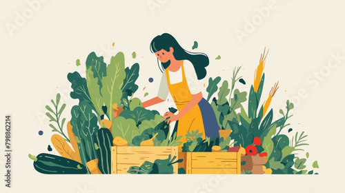 Girl collecting harvest in containers flat vector i photo