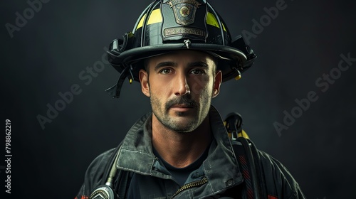 A brave firefighter wearing a protective helmet and uniform, looking at the camera with a determined expression. © Farm