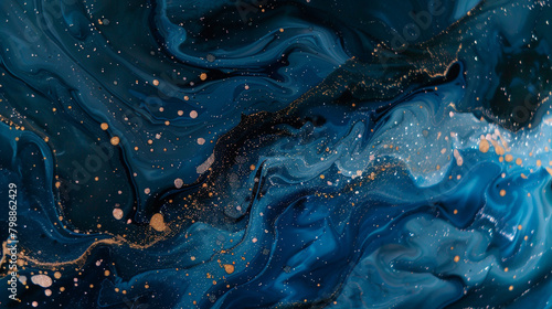 Gloomy navy marble ink meandering across a nocturnal abstract backdrop, shimmering with subtle glitters. photo