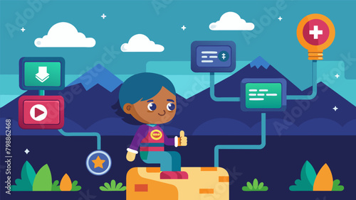 An actionadventure game that includes frequent save points and a navigation system for players with exeive functioning difficulties.. Vector illustration