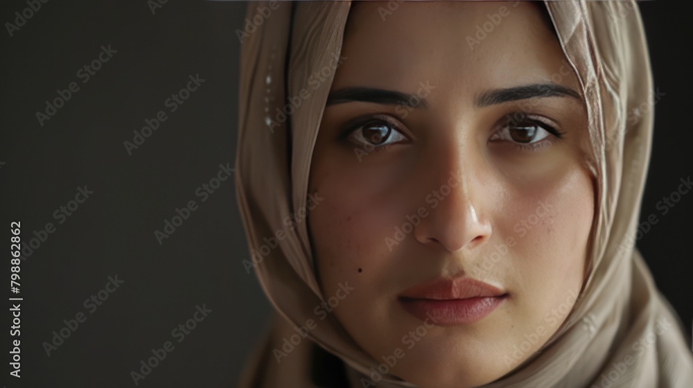 Big close up view of the face of a Muslim woman wearing an Islamic headscarf or hijab. Housewives are also office workers, professional businesswomen. Big close up view of the face of a Muslim woman wearing an Islamic headscarf or hijab. Housewives are also office workers, professional businesswomen.