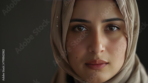 Big close up view of the face of a Muslim woman wearing an Islamic headscarf or hijab. Housewives are also office workers, professional businesswomen.