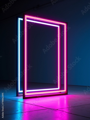 A sleek, modern frame surrounding a neon sculpture