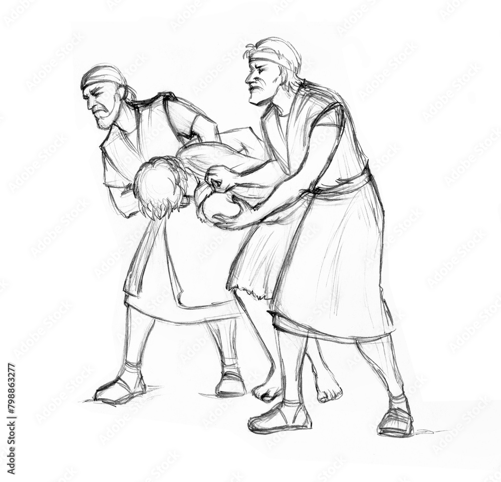 Pencil drawing. The men caught the guy and are leading him Pencil drawing. The men caught the guy and are leading him