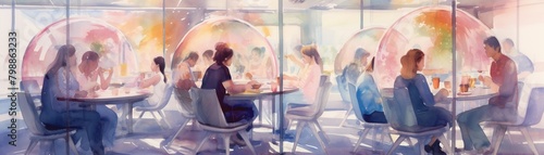 a futuristic restaurant where diners wear translucent helmets to enhance their cosmic dining experience