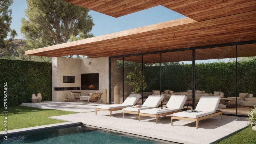 Beautiful modern design architecture image of home with pool. Generative AI.