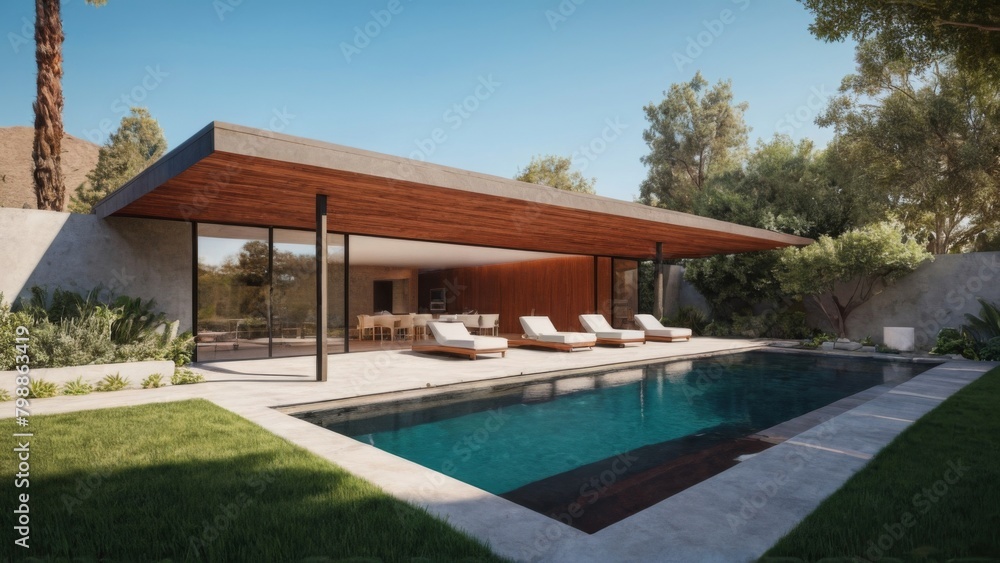 Beautiful modern design architecture image of home with pool. Generative AI.