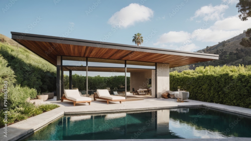 Obraz premium Beautiful modern design architecture image of home with pool. Generative AI.