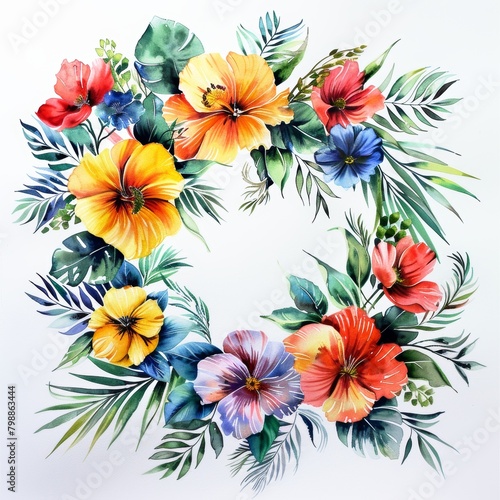 Tropical Floral Wreath Watercolor Design © kanoktuch