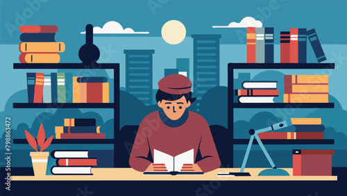 A person sitting alone in a quiet library surrounded by books and papers meticulously crafting a speech that honors the struggles and triumphs of. Vector illustration