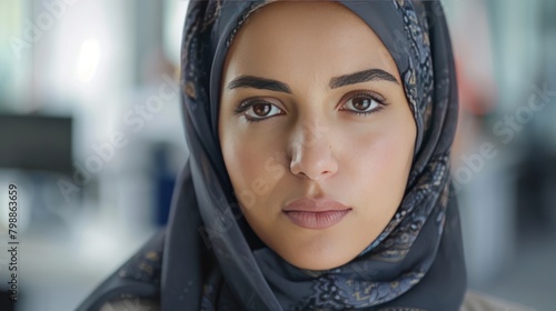 Big close up view of the face of a Muslim woman wearing an Islamic headscarf or hijab. Housewives are also office workers, professional businesswomen.