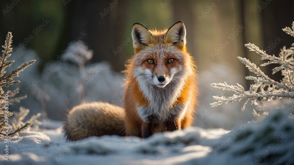 Naklejka premium Envision a vivid, photo-realistic scene deep in the misty forests of the Pacific Northwest where a red fox stands alert at the edge of a frost-covered meadow.