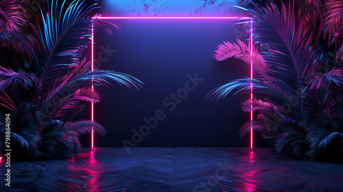 Neon glow tropical leaves with rectangular frame on dark background. Empty dark stage. Generative AI