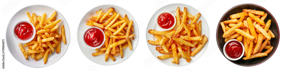 Plate of french fries and ketchup isolated, PNG set Plate of french fries and ketchup isolated, PNG set