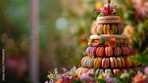 A tower of macarons crowning a whimsically decorated cake masterpiece. photo