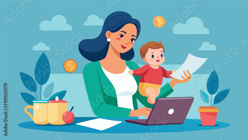 A busy mom multitasks taking notes in her financial literacy class while also feeding her baby in a carrier.