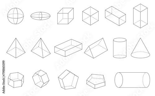 3d Geometric shape lines sphere, ellipsoid, square, rectangle, pyramid, cylinder, pentagon, hexagon and prism photo