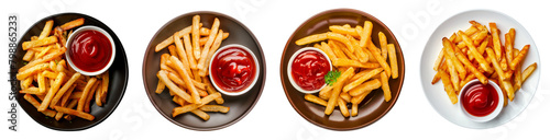 Plate of french fries and ketchup isolated, PNG set photo