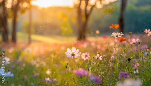 Abstract soft focus sunset field landscape of beautiful cosmos flower field