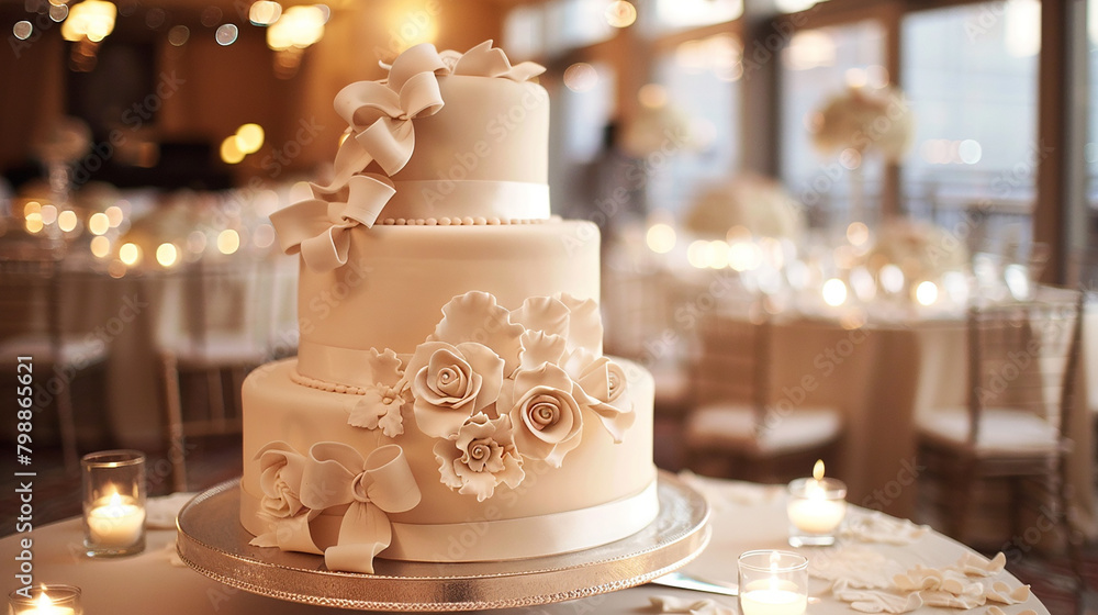 Elegant fondant ribbon decorations encircling a sophisticated tiered cake.
