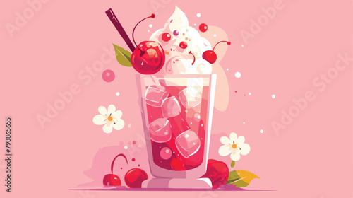 Glass of tasty pink milkshake decorated with cherry