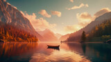 Lonely wooden canoe floating on calm mountain lake. Summer forest on background of sunset. Illustration traveling boat in river, green trees, natural light, nature landscape backdrop. No people.