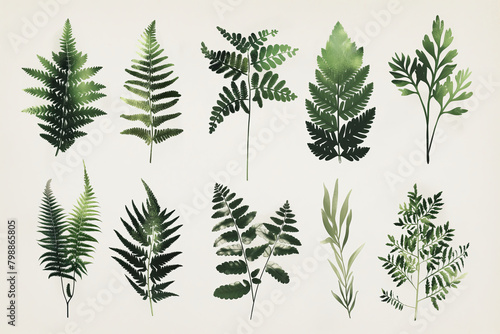 Set of green fern leaves painting a natural environment on a white background. Generative AI © Eugen