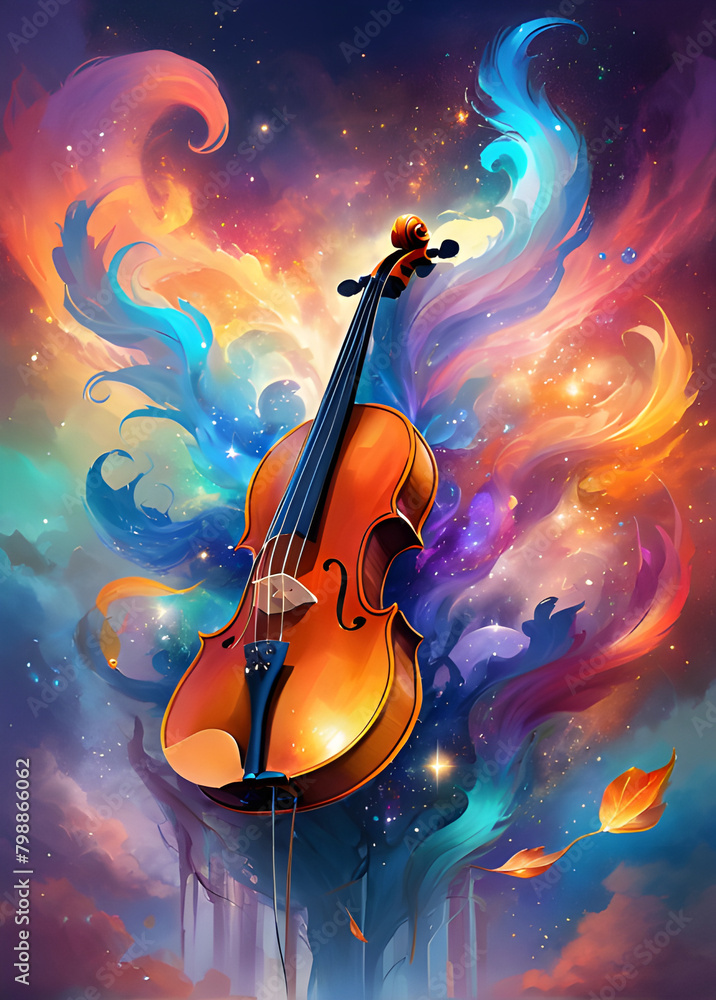 colorful jazz violin. colorful pop art violin wpap, illustration, wall art decoration, cover poster, modern art acrylic illustration	