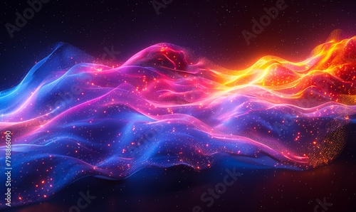 Holographic Neon Fluid Waves Abstract Dark Background - Futuristic Glowing Wavy Lines  Undulating Shapes on Black