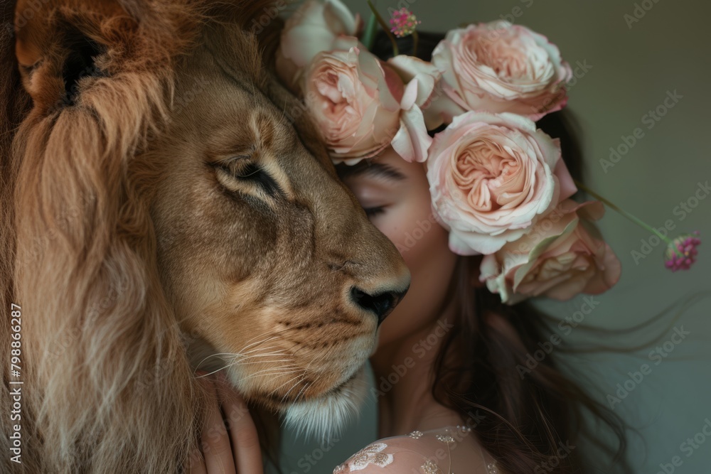 close-up shot, side profile, a woman resting her forehead on a lion forehead close-up shot, side profile, a woman resting her forehead on a lion forehead