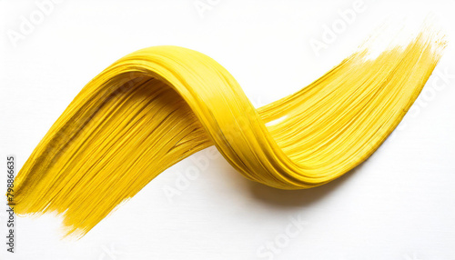 Twisted 3d rendering shape, yellow brush stroke isolated on white background; abstract artwork for graphic design photo