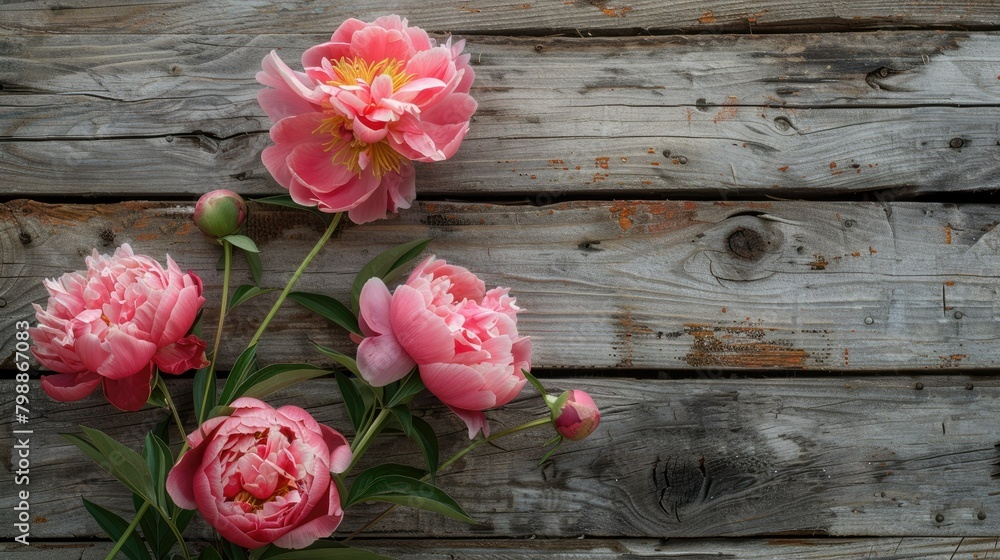 Peonies set against a rustic wooden backdrop