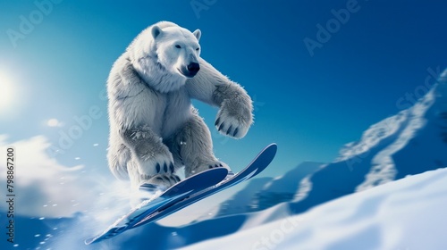 Adventurous Polar Bear Snowboarding in the Arctic. Generative ai