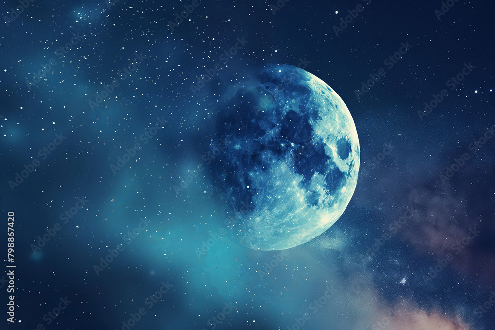 Electric blue full moon shines in midnight sky among stars. Generative AI