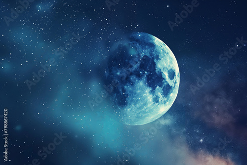 Electric blue full moon shines in midnight sky among stars. Generative AI