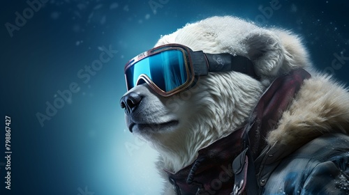 Stylish Polar Bear Wearing Snow Goggles and Winter Gear. Generative ai