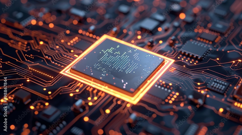 A sleek illustration of a microchip with intricate circuitry, showcasing the technological advancements in electronics , style A sleek illustration of a microchip with intricate circuitry, showcasing the technological advancements in electronics , style