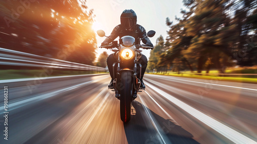 Speeding Motorcyclist on Highway at Sunset © C