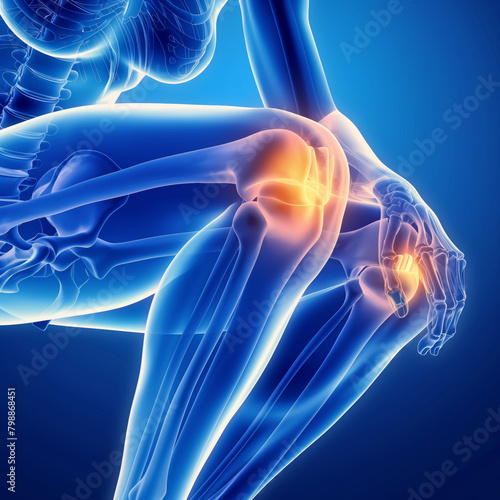 A purple knee joint filled with fluid causing pain in the azure organism. Generative AI
