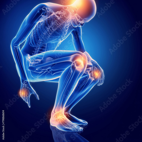 A skeletal figure kneels in pain, clutching their knee in the darkness. Generative AI