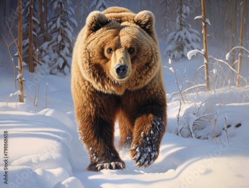 Bear in the snow, paw prints visible, winter setting, cold and majestic