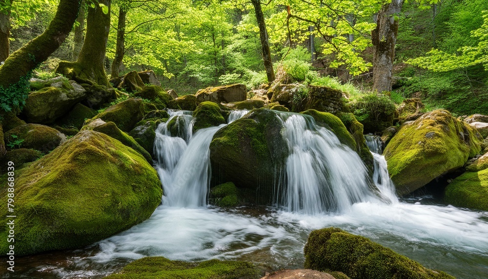 Waterfall amidst vibrant forest with rocks covered with green moss