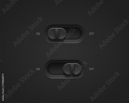 Realistic toggle switch. Black switches on off - position. Vector illustration.